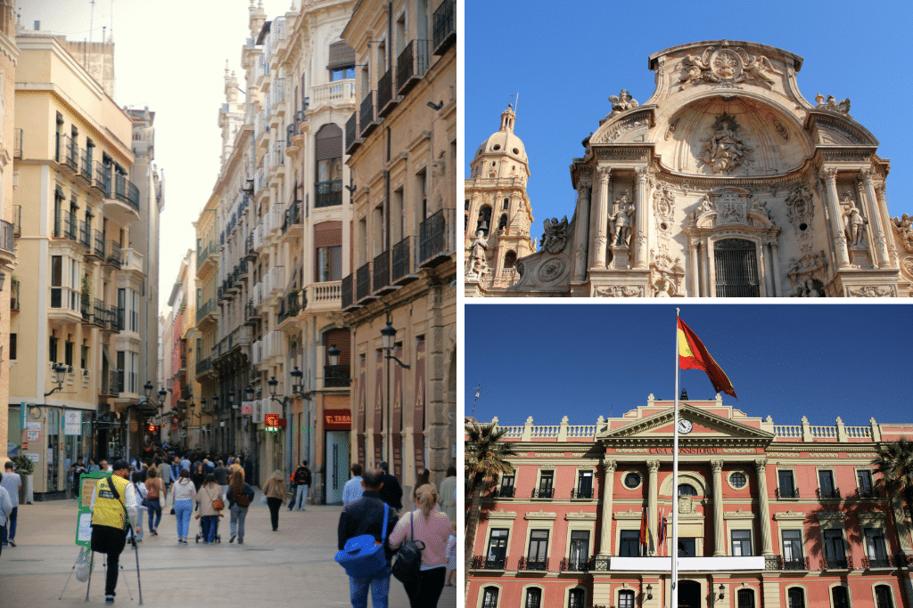 Foto que muestra el centro de Murcia, Platería y Trapería, la catedral y el ayuntamiento